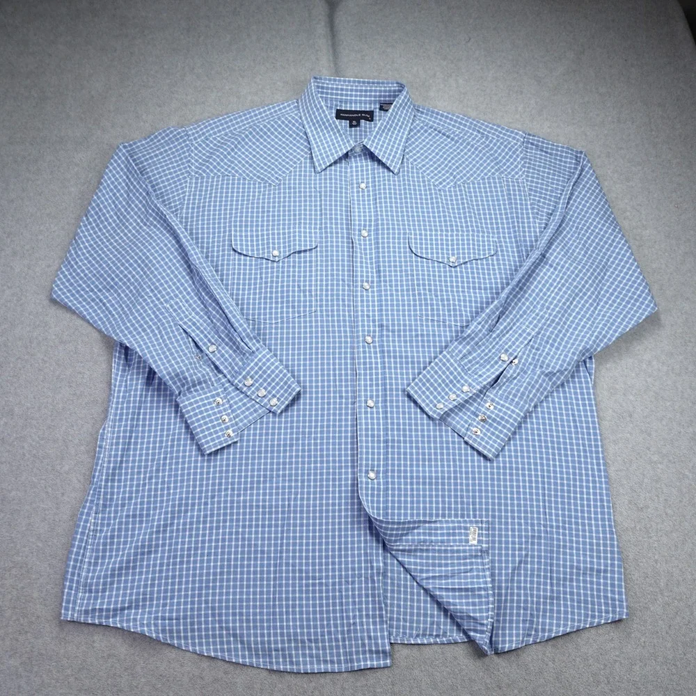 Panhandle Slim‎ Shirt Mens XL Blue Gingham Plaid Western Pearl Snap
